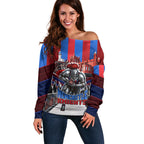 Personalised Newcastle Knights Rugby Off Shoulder Sweater Armored Knight Mascot City Landmark Graphic