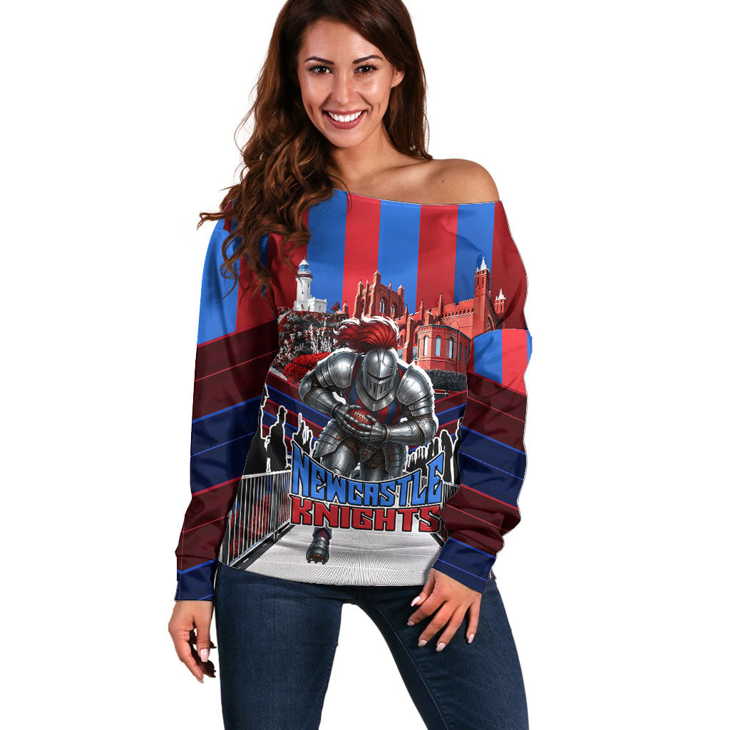 Personalised Newcastle Knights Rugby Off Shoulder Sweater Armored Knight Mascot City Landmark Graphic
