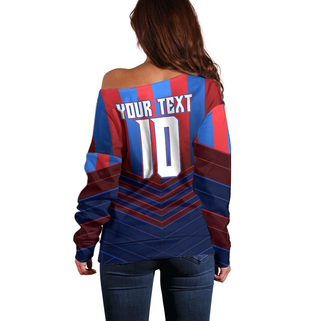 Personalised Newcastle Knights Rugby Off Shoulder Sweater Armored Knight Mascot City Landmark Graphic