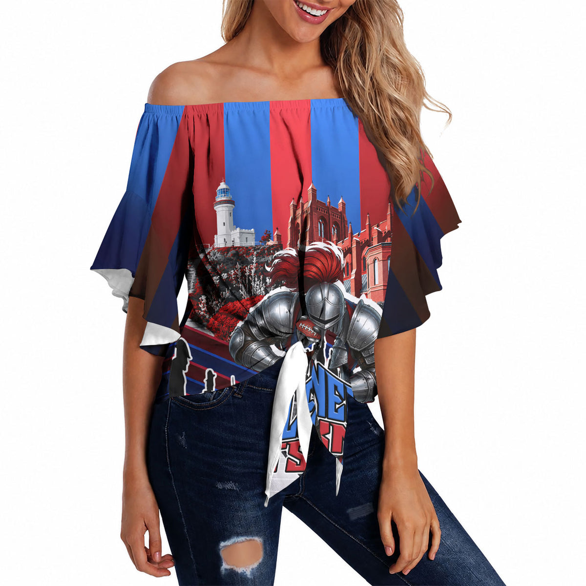 Personalised Newcastle Knights Rugby Off Shoulder Wrap Waist Top Armored Knight Mascot City Landmark Graphic