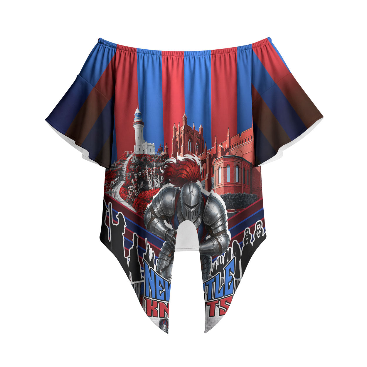 Personalised Newcastle Knights Rugby Off Shoulder Wrap Waist Top Armored Knight Mascot City Landmark Graphic