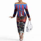Personalised Newcastle Knights Rugby Off The Shoulder Long Sleeve Dress Armored Knight Mascot City Landmark Graphic