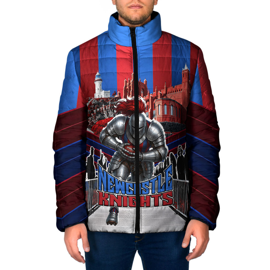 Personalised Newcastle Knights Rugby Padded Jacket Armored Knight Mascot City Landmark Graphic
