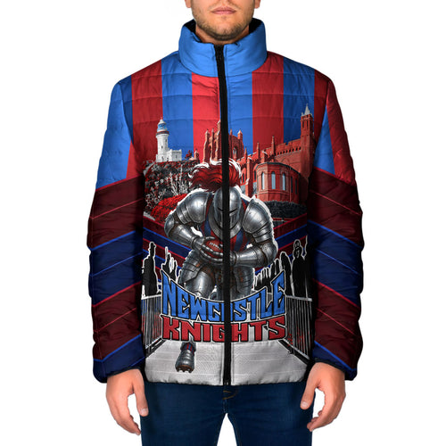 Personalised Newcastle Knights Rugby Padded Jacket Armored Knight Mascot City Landmark Graphic