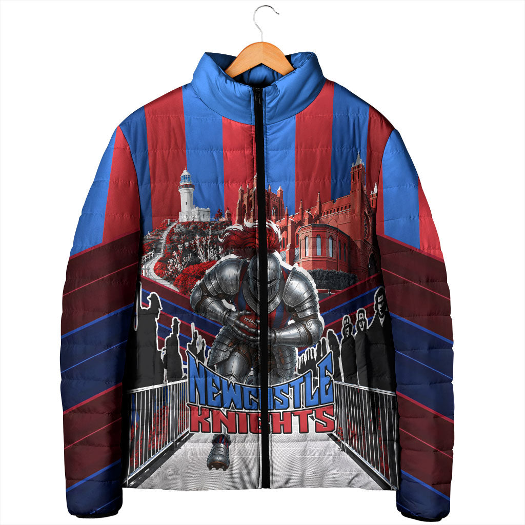 Personalised Newcastle Knights Rugby Padded Jacket Armored Knight Mascot City Landmark Graphic