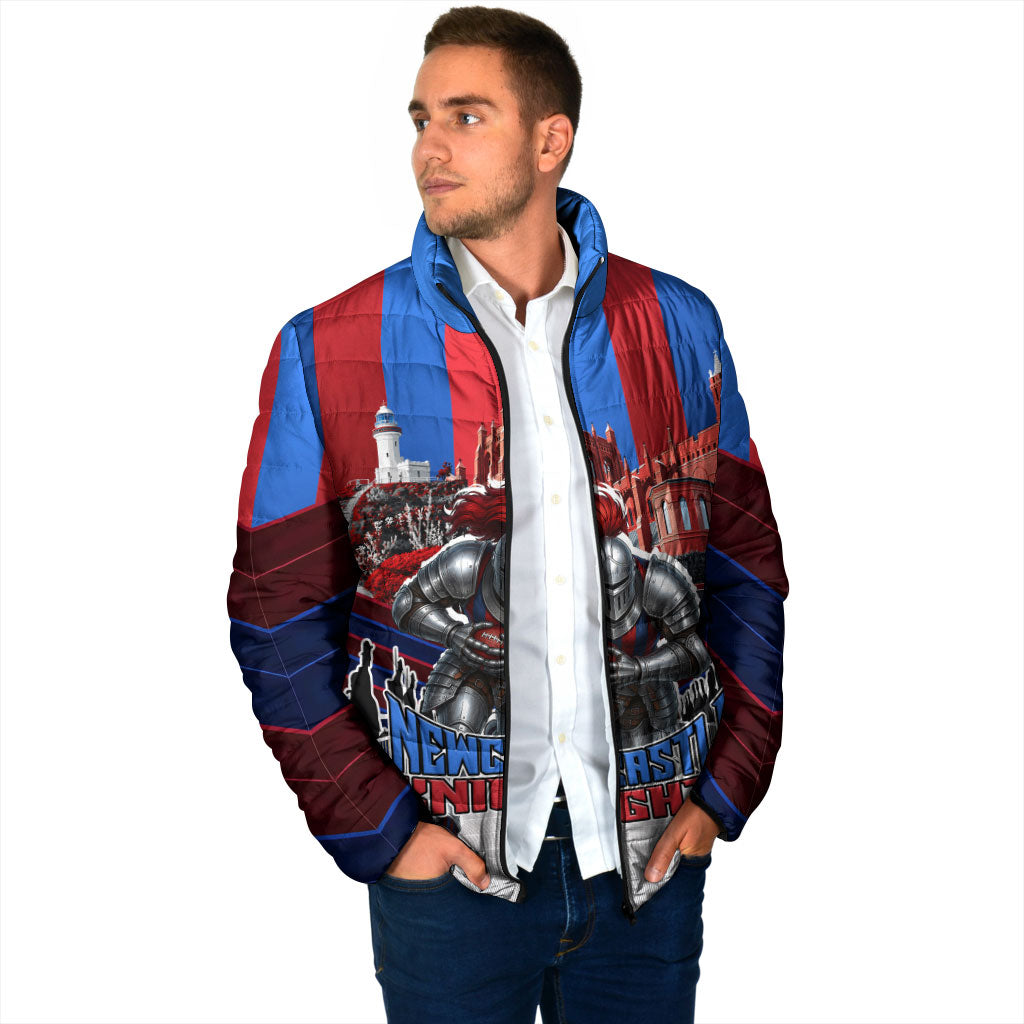 Personalised Newcastle Knights Rugby Padded Jacket Armored Knight Mascot City Landmark Graphic