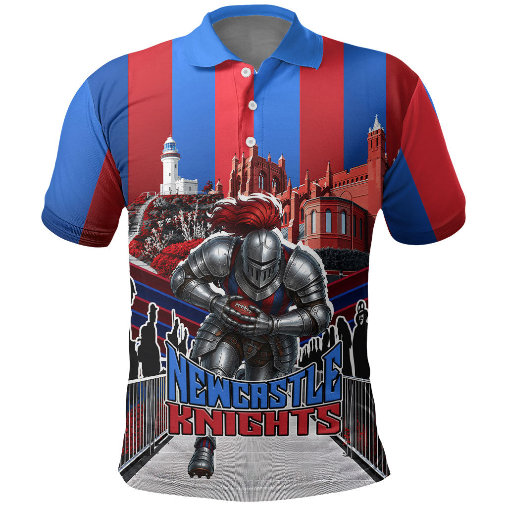 Personalised Newcastle Knights Rugby Polo Shirt Armored Knight Mascot City Landmark Graphic