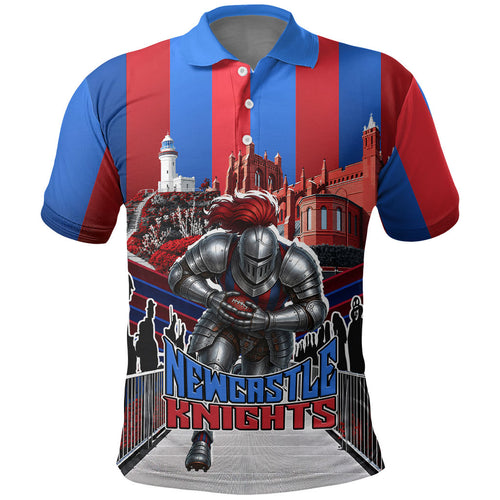 Personalised Newcastle Knights Rugby Polo Shirt Armored Knight Mascot City Landmark Graphic