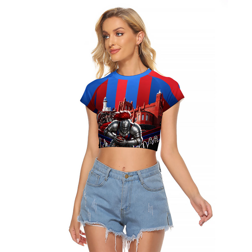 Personalised Newcastle Knights Rugby Raglan Cropped T Shirt Armored Knight Mascot City Landmark Graphic
