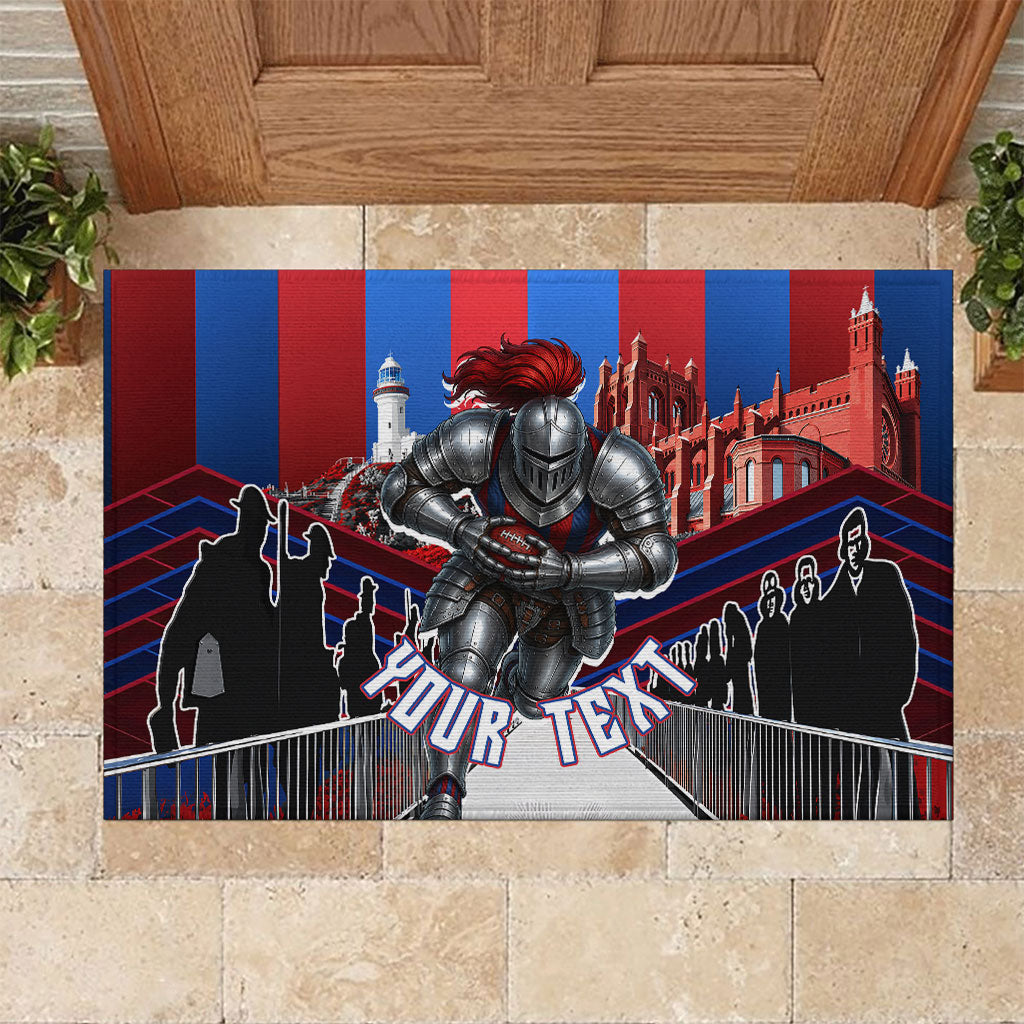 Personalised Newcastle Knights Rugby Rubber Doormat Armored Knight Mascot City Landmark Graphic