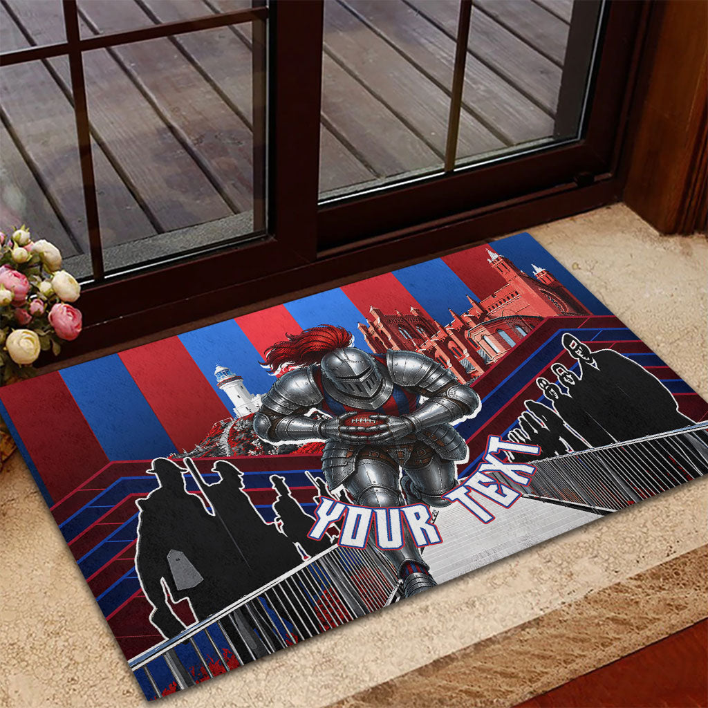 Personalised Newcastle Knights Rugby Rubber Doormat Armored Knight Mascot City Landmark Graphic