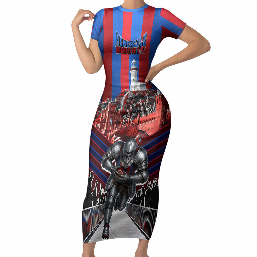Personalised Newcastle Knights Rugby Short Sleeve Bodycon Dress Armored Knight Mascot City Landmark Graphic
