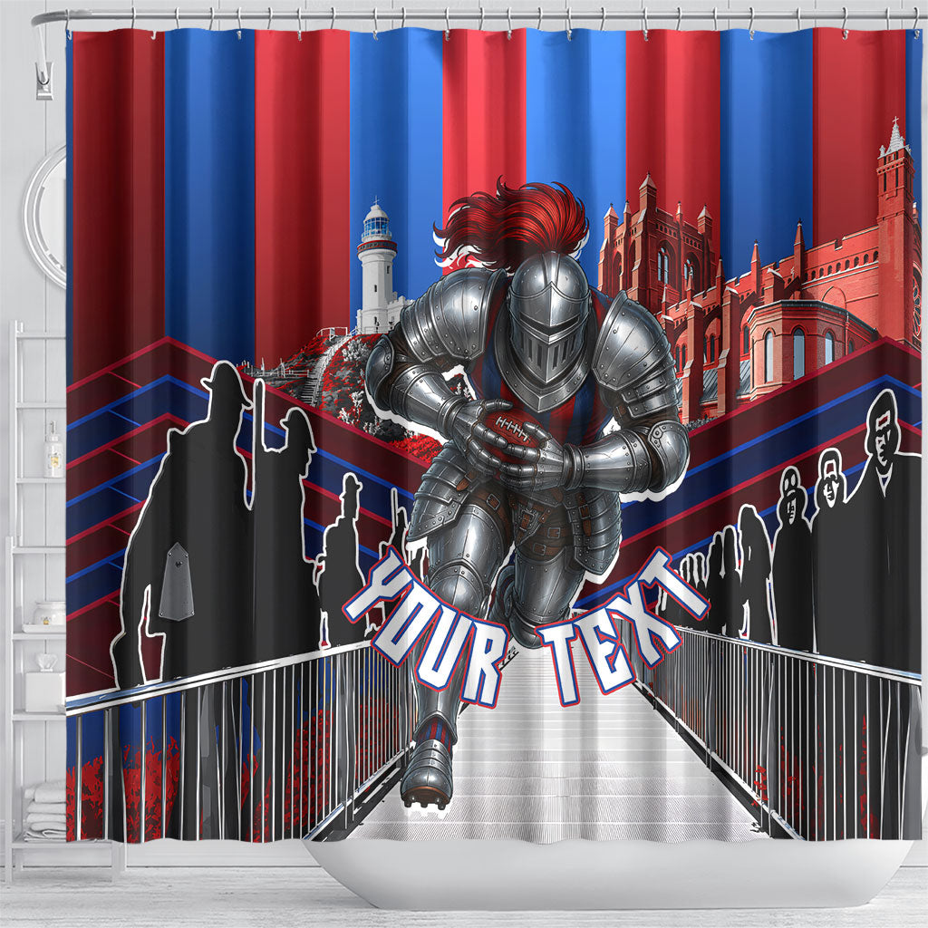 Personalised Newcastle Knights Rugby Shower Curtain Armored Knight Mascot City Landmark Graphic