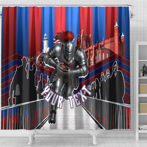 Personalised Newcastle Knights Rugby Shower Curtain Armored Knight Mascot City Landmark Graphic