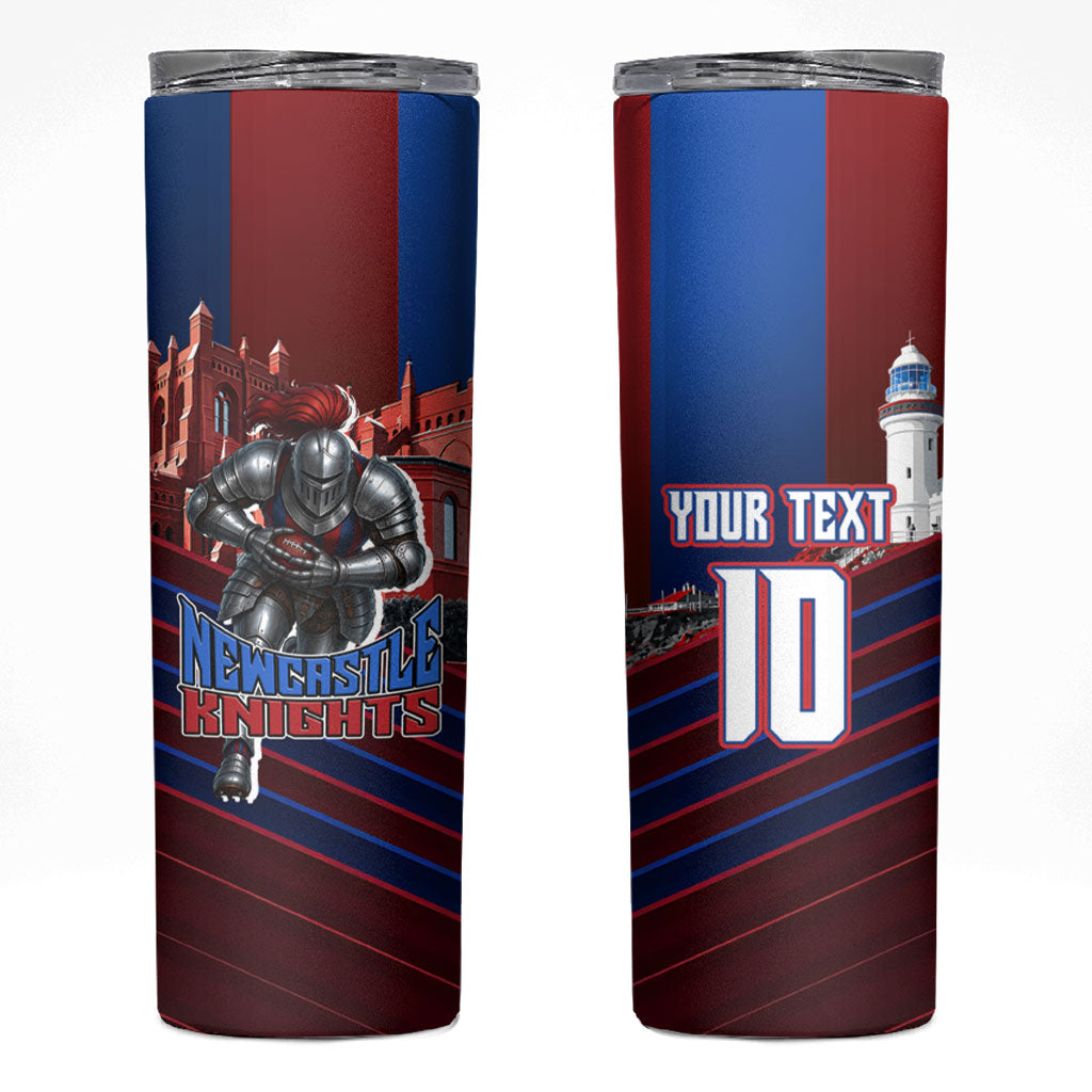 Personalised Newcastle Knights Rugby Skinny Tumbler Armored Knight Mascot City Landmark Graphic