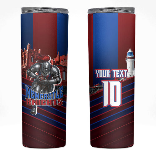 Personalised Newcastle Knights Rugby Skinny Tumbler Armored Knight Mascot City Landmark Graphic