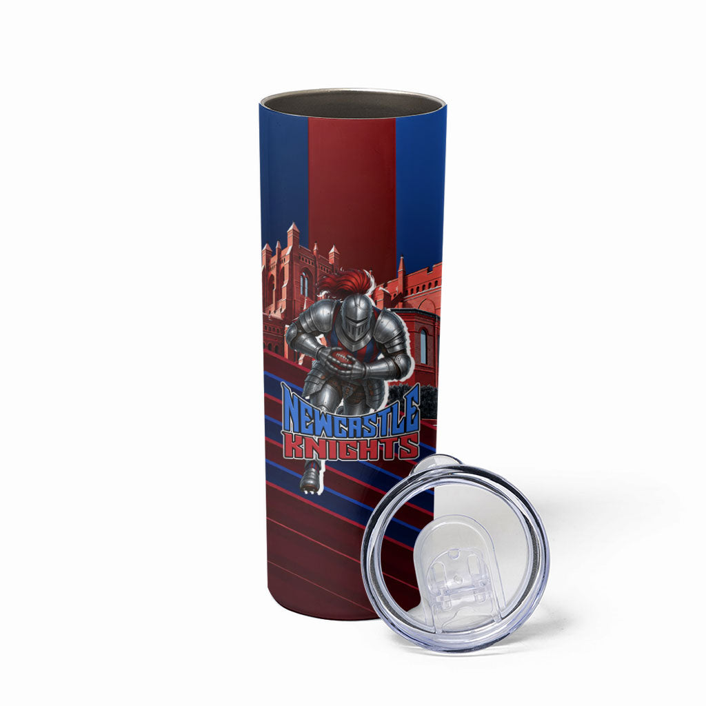 Personalised Newcastle Knights Rugby Skinny Tumbler Armored Knight Mascot City Landmark Graphic