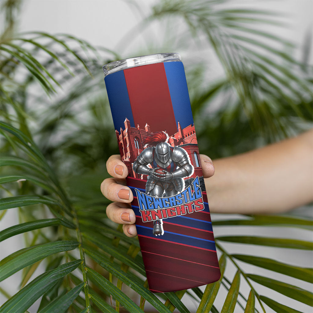 Personalised Newcastle Knights Rugby Skinny Tumbler Armored Knight Mascot City Landmark Graphic