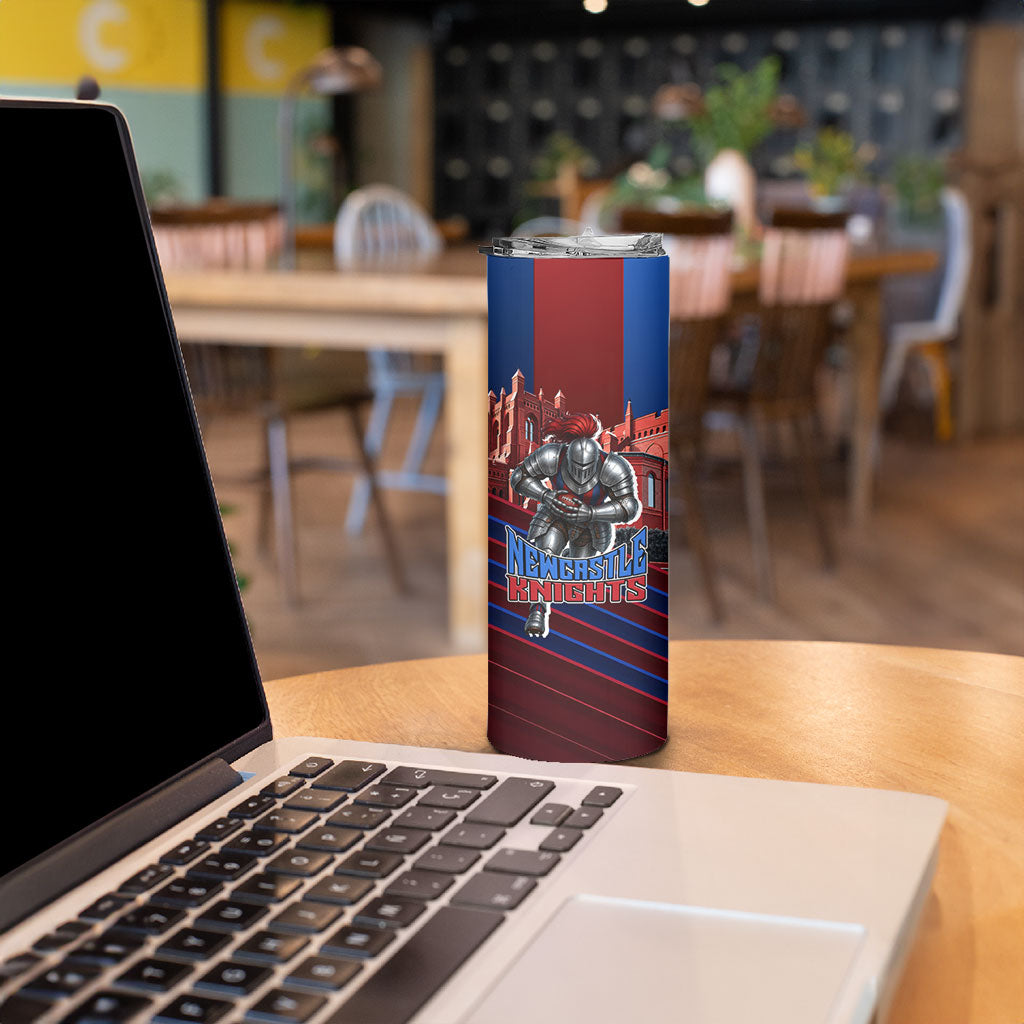 Personalised Newcastle Knights Rugby Skinny Tumbler Armored Knight Mascot City Landmark Graphic