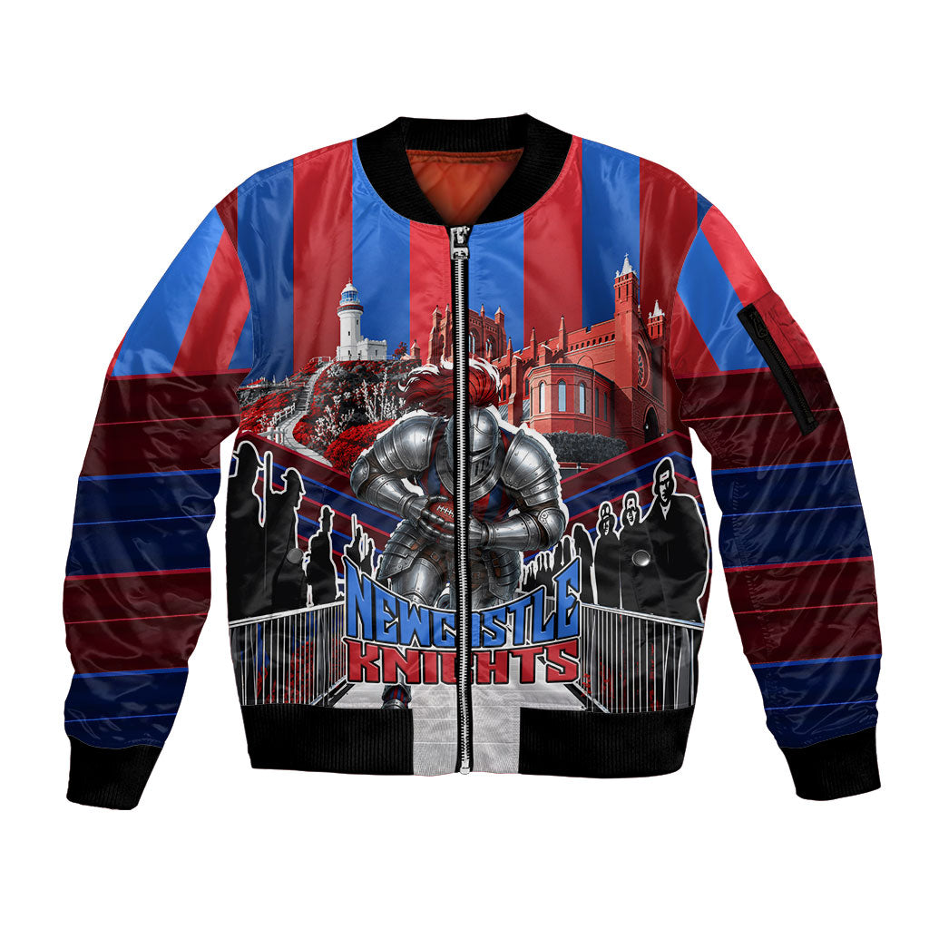Personalised Newcastle Knights Rugby Sleeve Zip Bomber Jacket Armored Knight Mascot City Landmark Graphic