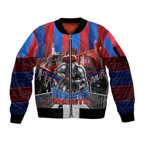 Personalised Newcastle Knights Rugby Sleeve Zip Bomber Jacket Armored Knight Mascot City Landmark Graphic