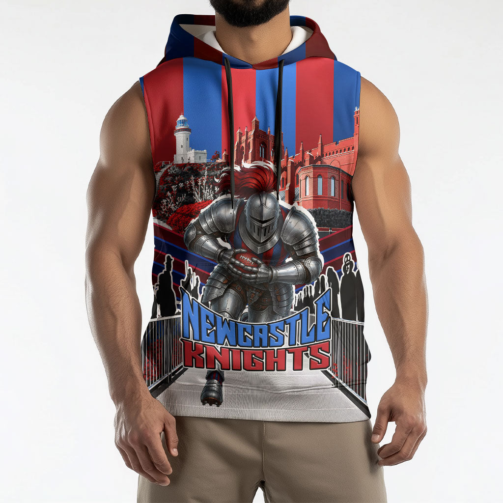 Personalised Newcastle Knights Rugby Sleeveless Hoodie Armored Knight Mascot City Landmark Graphic
