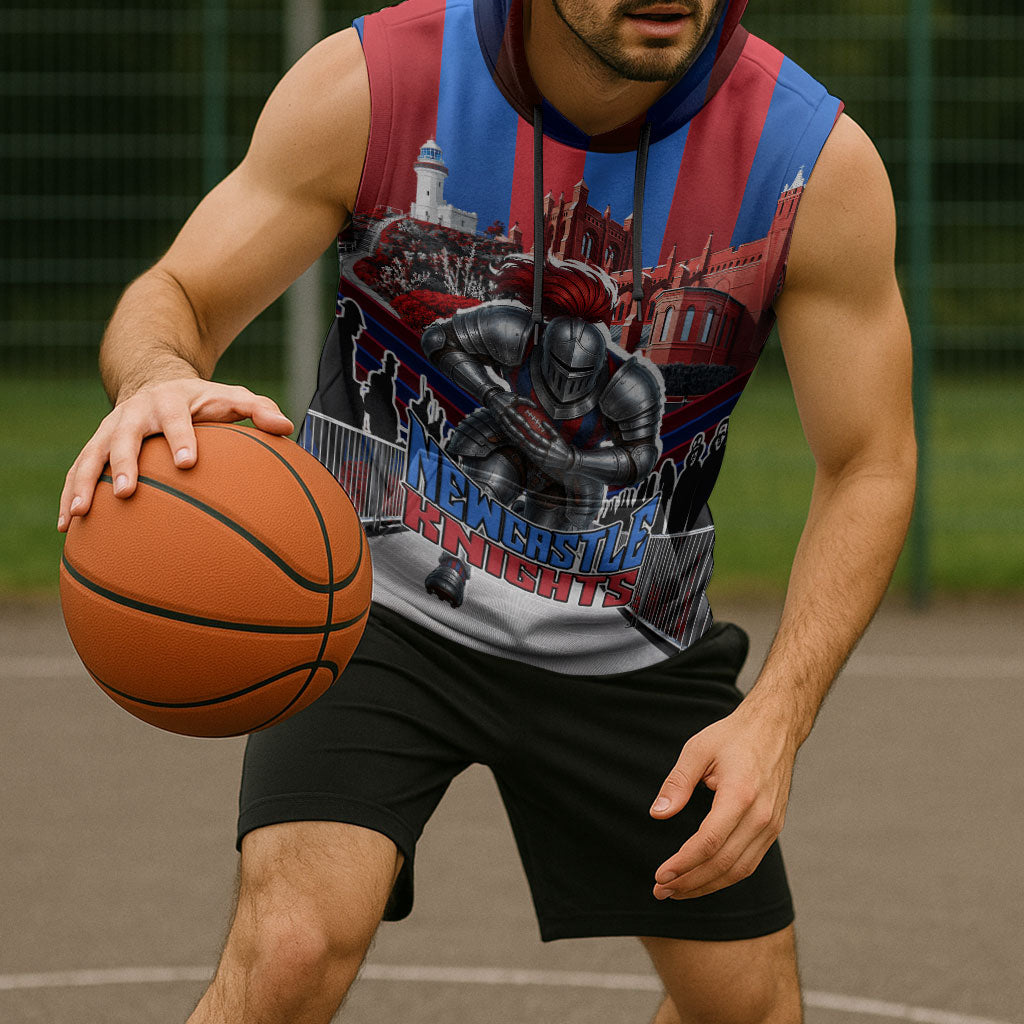 Personalised Newcastle Knights Rugby Sleeveless Hoodie Armored Knight Mascot City Landmark Graphic