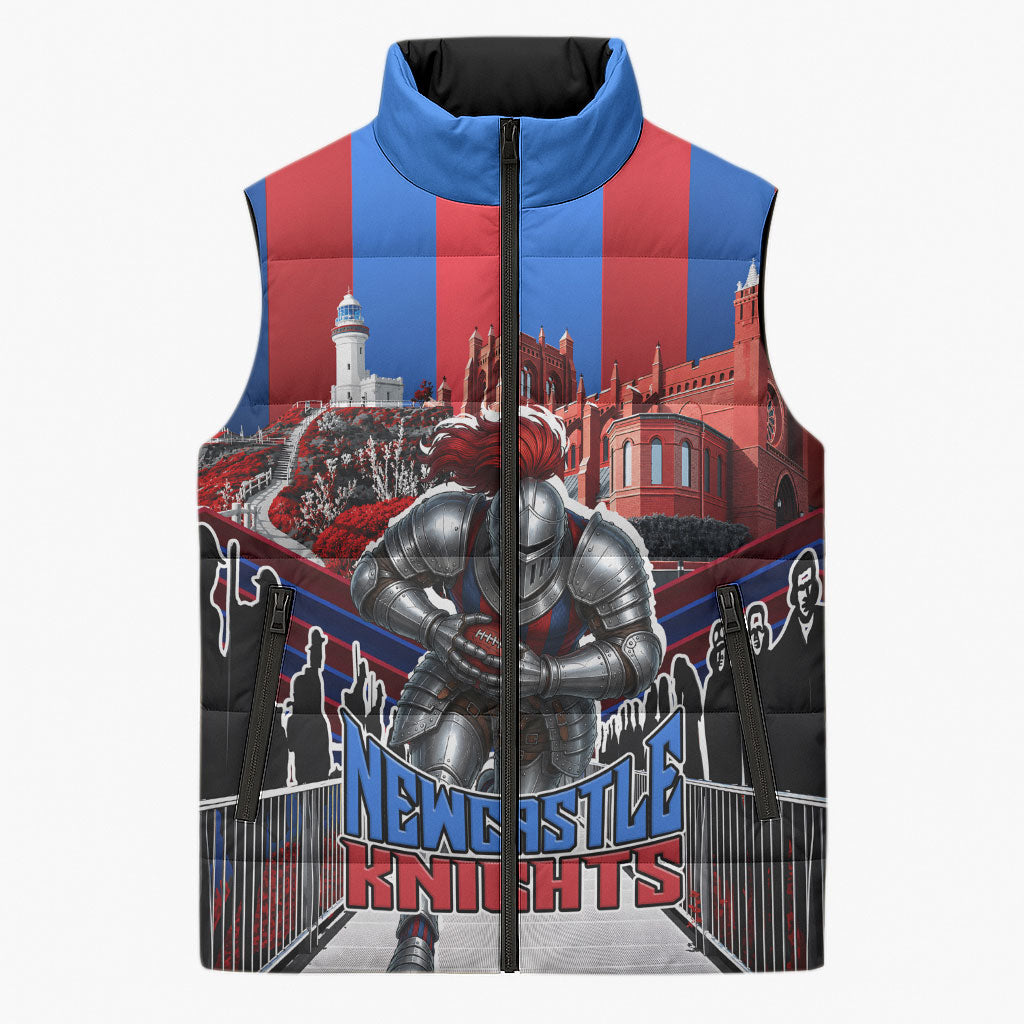 Personalised Newcastle Knights Rugby Sleeveless Puffer Jacket Armored Knight Mascot City Landmark Graphic