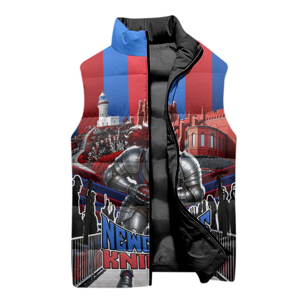 Personalised Newcastle Knights Rugby Sleeveless Puffer Jacket Armored Knight Mascot City Landmark Graphic