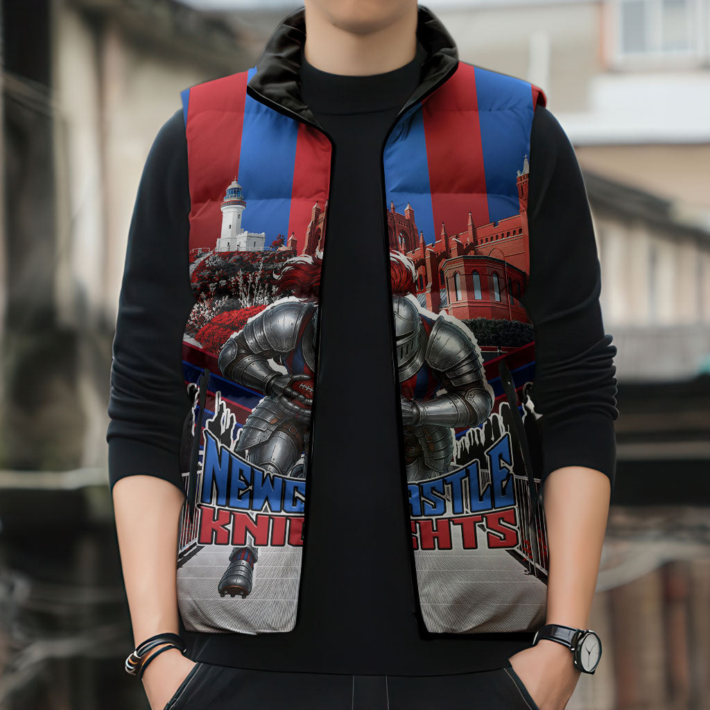 Personalised Newcastle Knights Rugby Sleeveless Puffer Jacket Armored Knight Mascot City Landmark Graphic