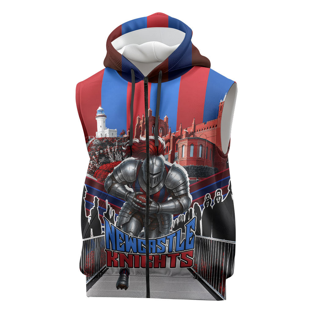 Personalised Newcastle Knights Rugby Sleeveless Zip Hoodie Armored Knight Mascot City Landmark Graphic
