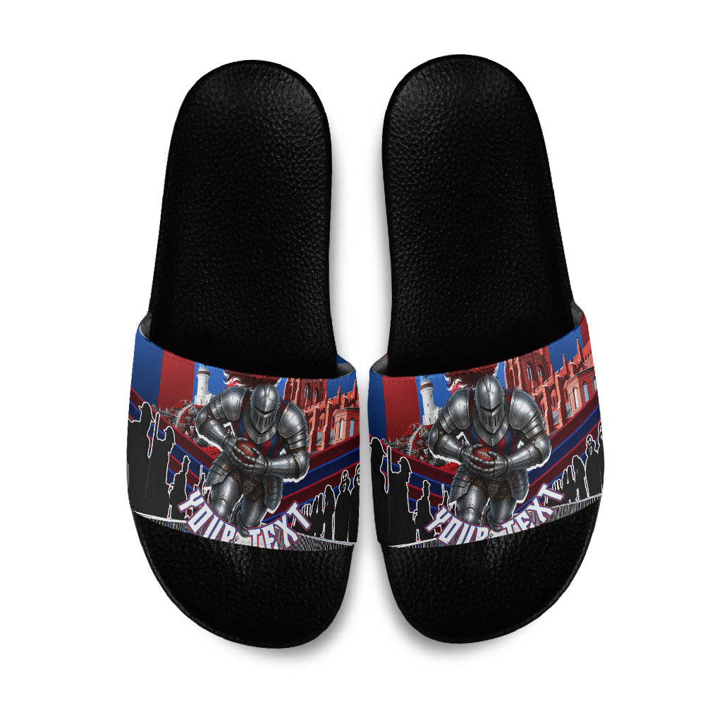 Personalised Newcastle Knights Rugby Slide Sandals Armored Knight Mascot City Landmark Graphic