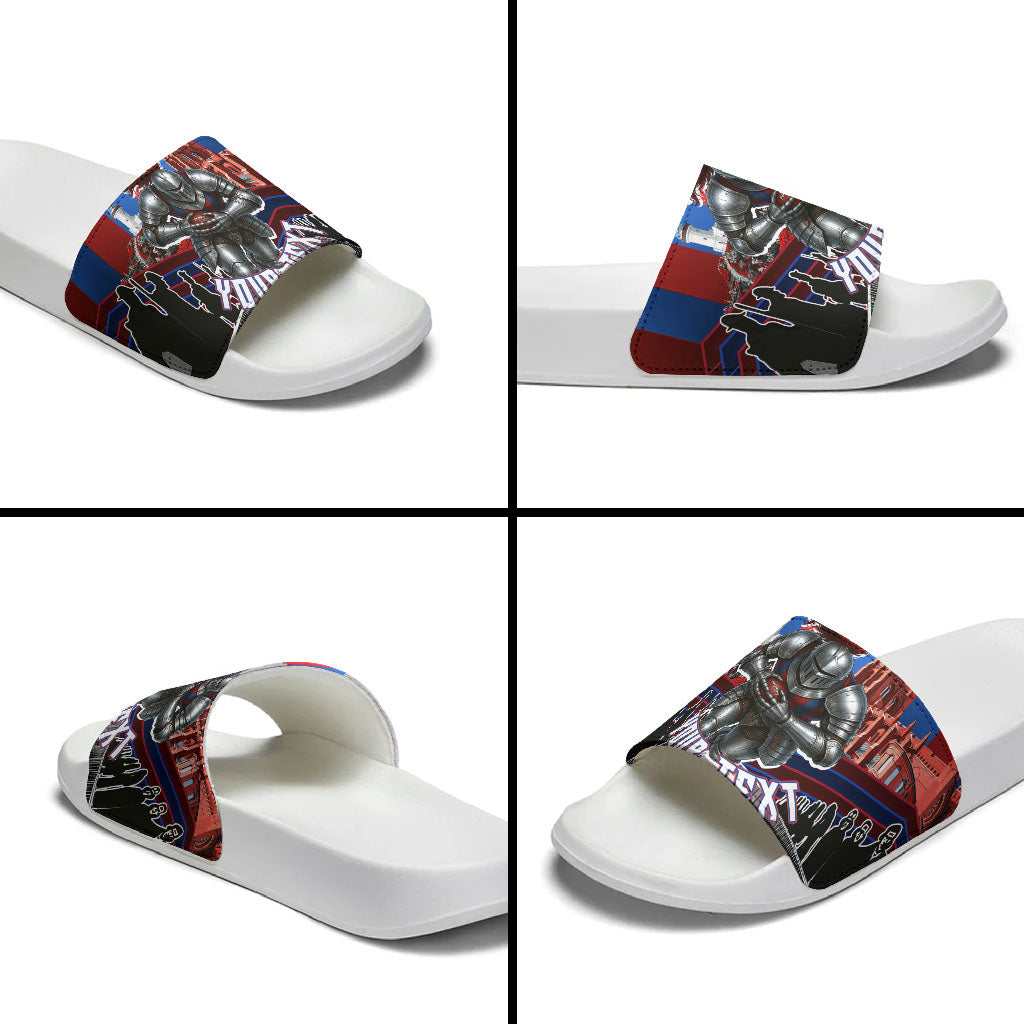 Personalised Newcastle Knights Rugby Slide Sandals Armored Knight Mascot City Landmark Graphic