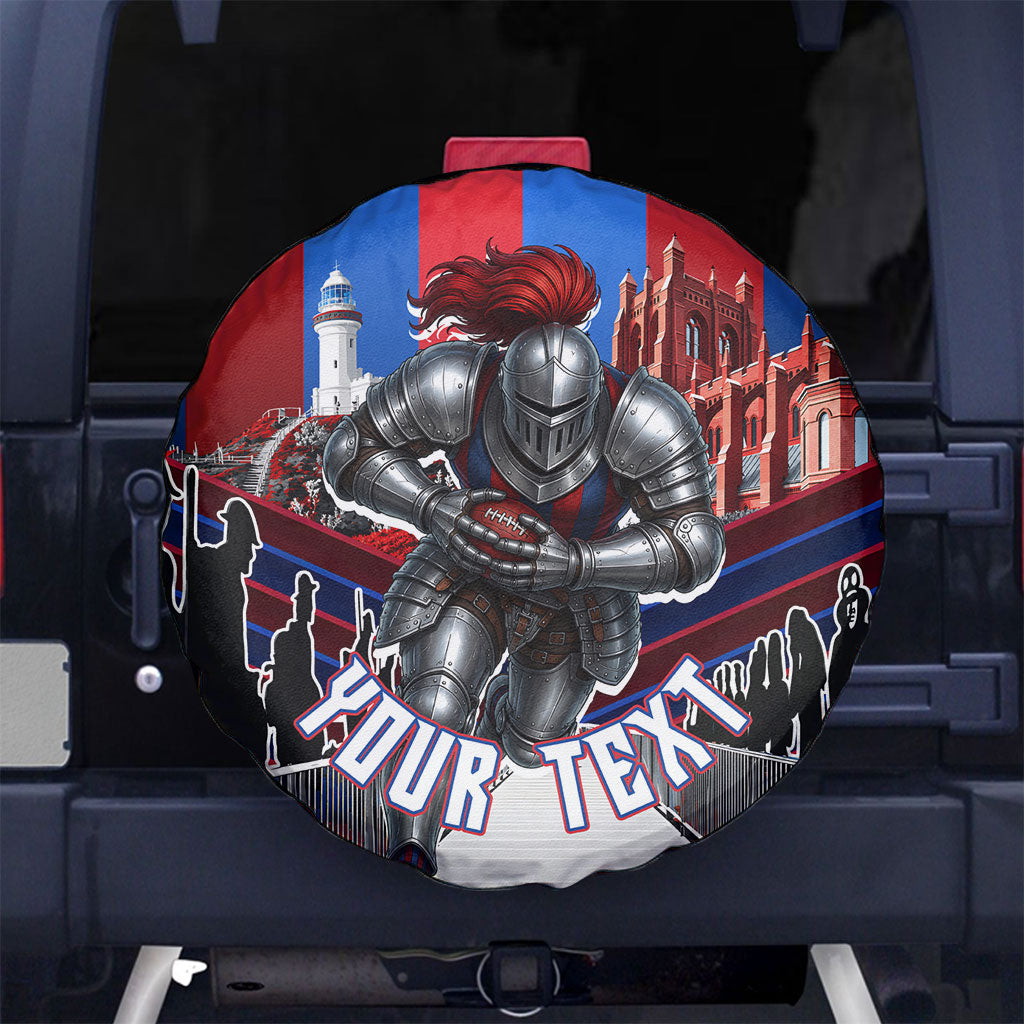 Personalised Newcastle Knights Rugby Spare Tire Cover Armored Knight Mascot City Landmark Graphic