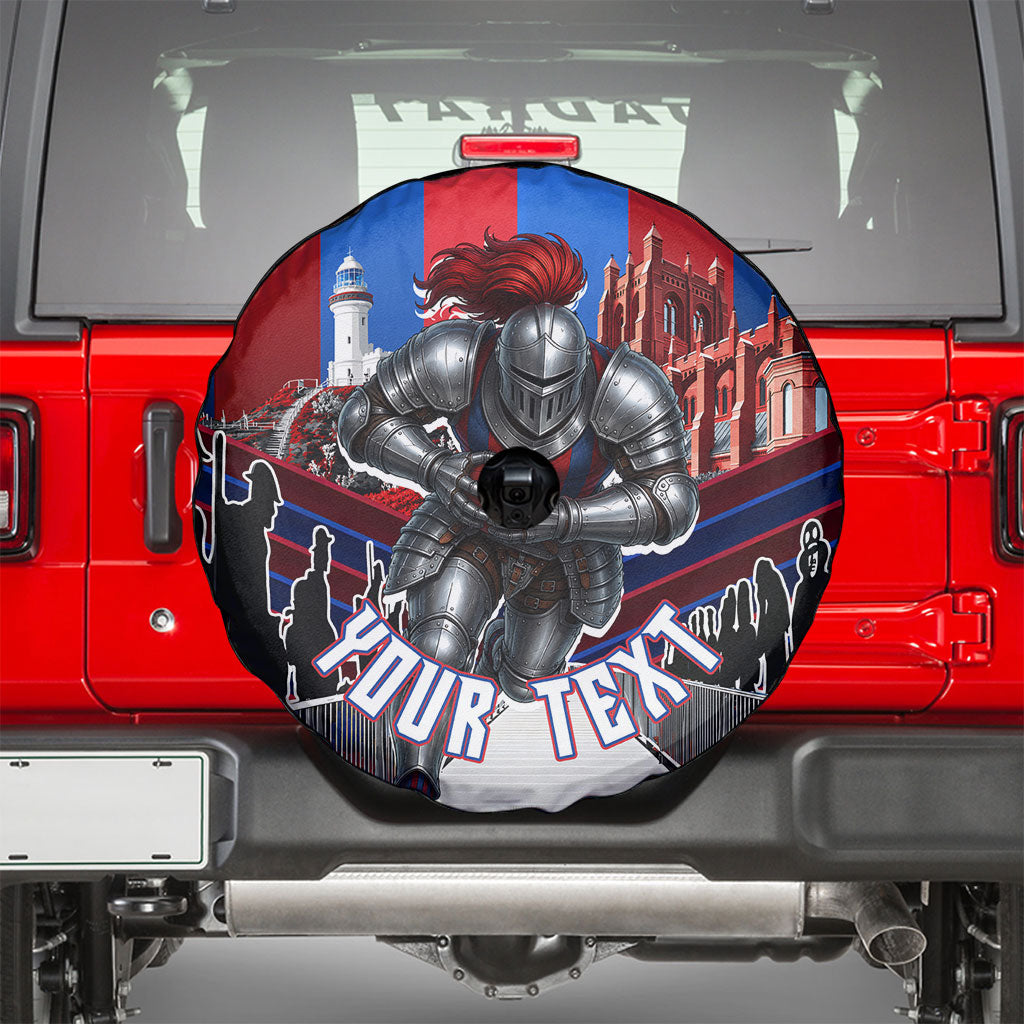 Personalised Newcastle Knights Rugby Spare Tire Cover Armored Knight Mascot City Landmark Graphic