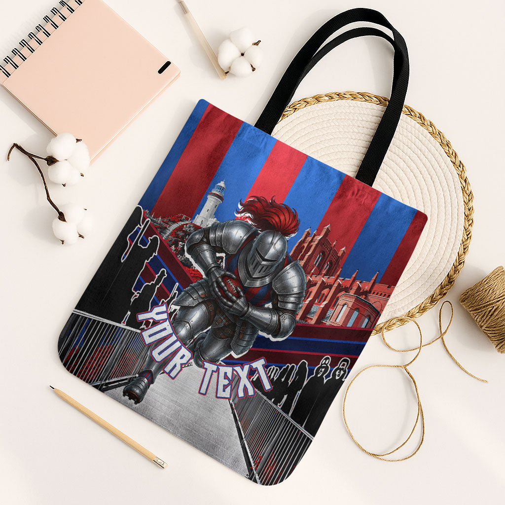 Personalised Newcastle Knights Rugby Tote Bag Armored Knight Mascot City Landmark Graphic