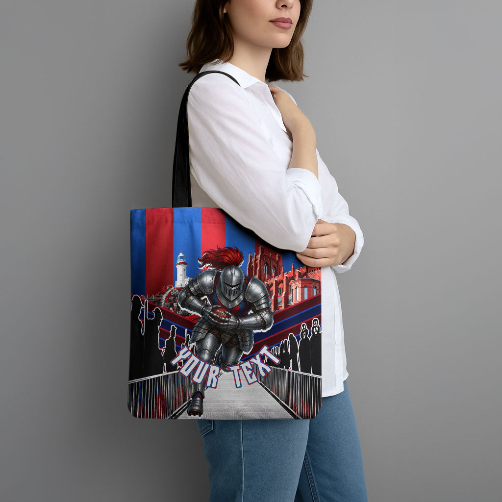 Personalised Newcastle Knights Rugby Tote Bag Armored Knight Mascot City Landmark Graphic