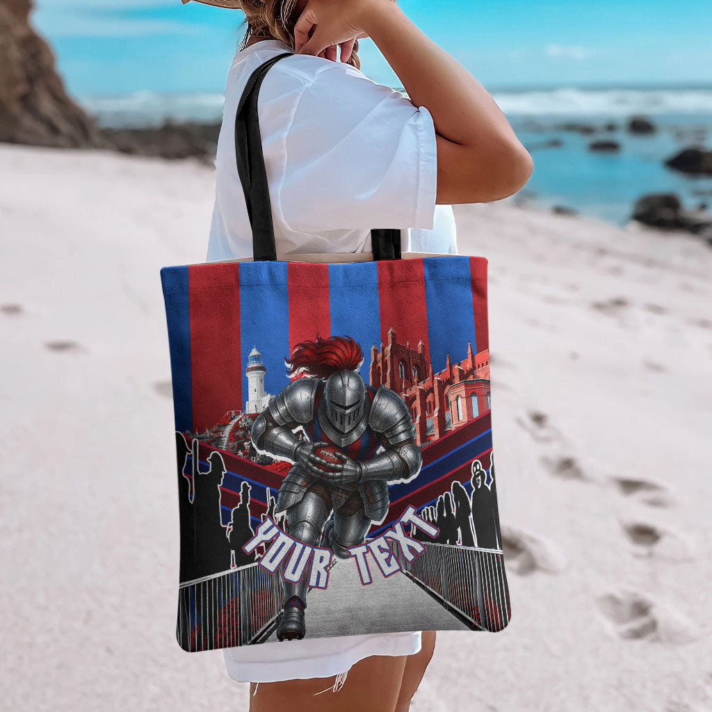 Personalised Newcastle Knights Rugby Tote Bag Armored Knight Mascot City Landmark Graphic