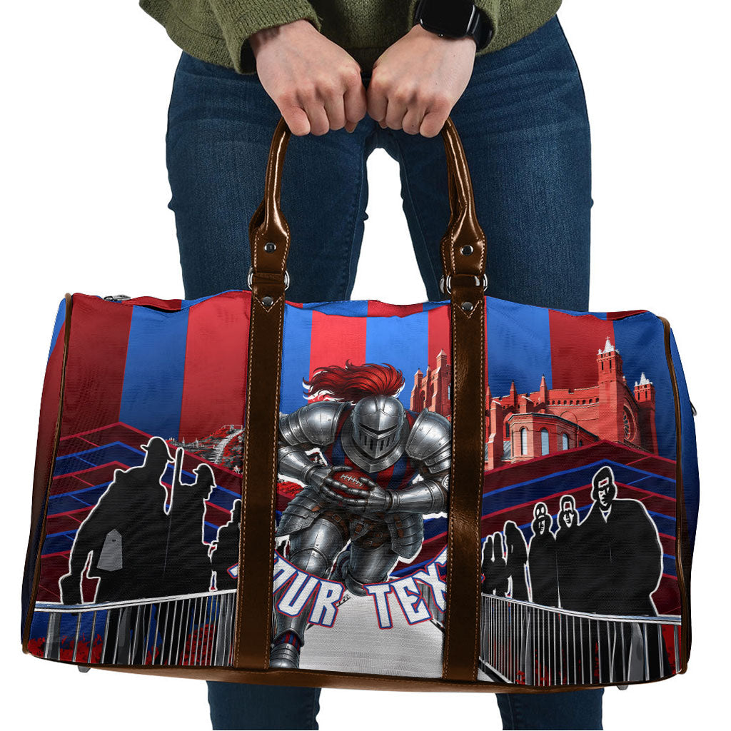 Personalised Newcastle Knights Rugby Travel Bag Armored Knight Mascot City Landmark Graphic