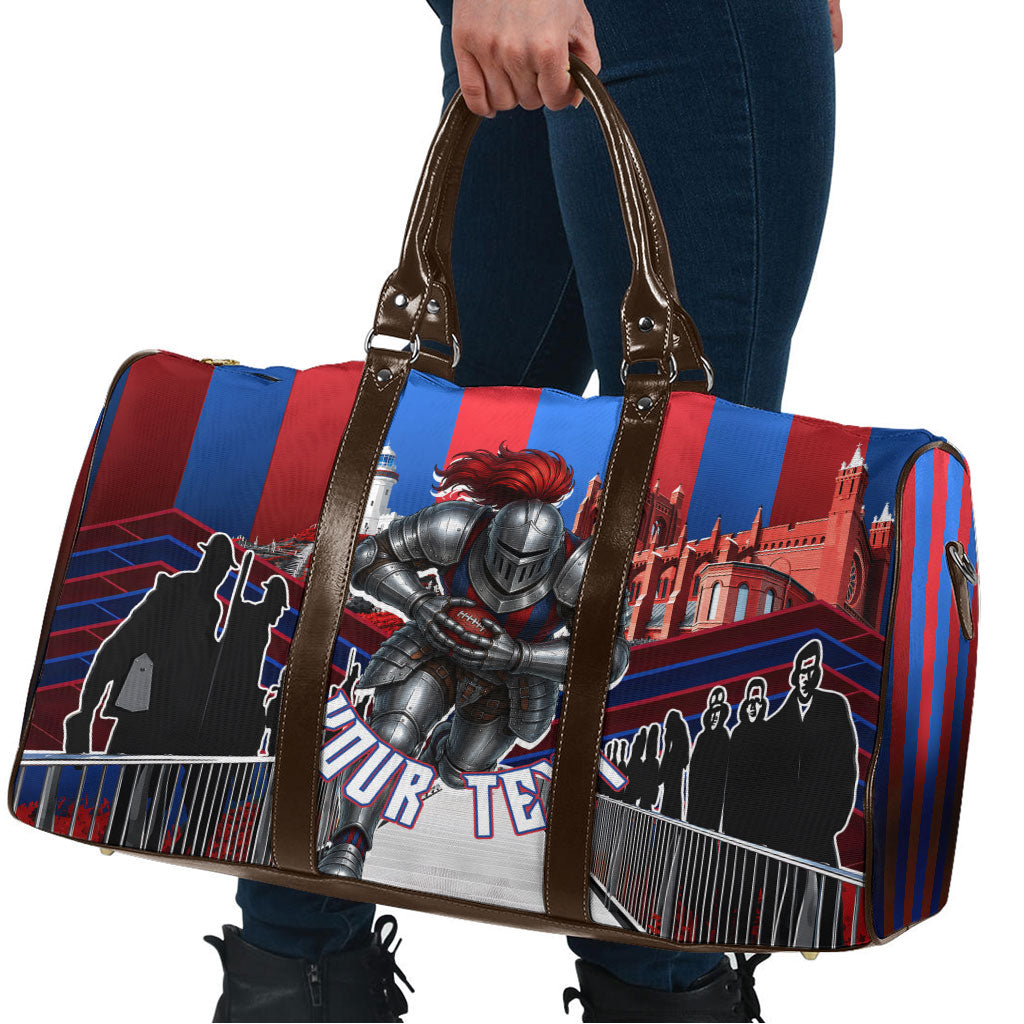 Personalised Newcastle Knights Rugby Travel Bag Armored Knight Mascot City Landmark Graphic