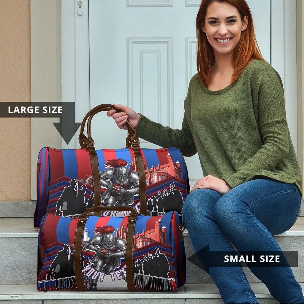 Personalised Newcastle Knights Rugby Travel Bag Armored Knight Mascot City Landmark Graphic