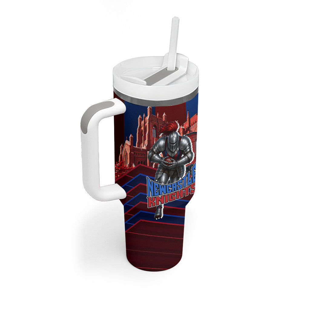 Personalised Newcastle Knights Rugby Tumbler With Handle Armored Knight Mascot City Landmark Graphic