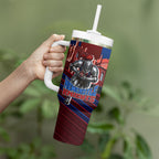 Personalised Newcastle Knights Rugby Tumbler With Handle Armored Knight Mascot City Landmark Graphic