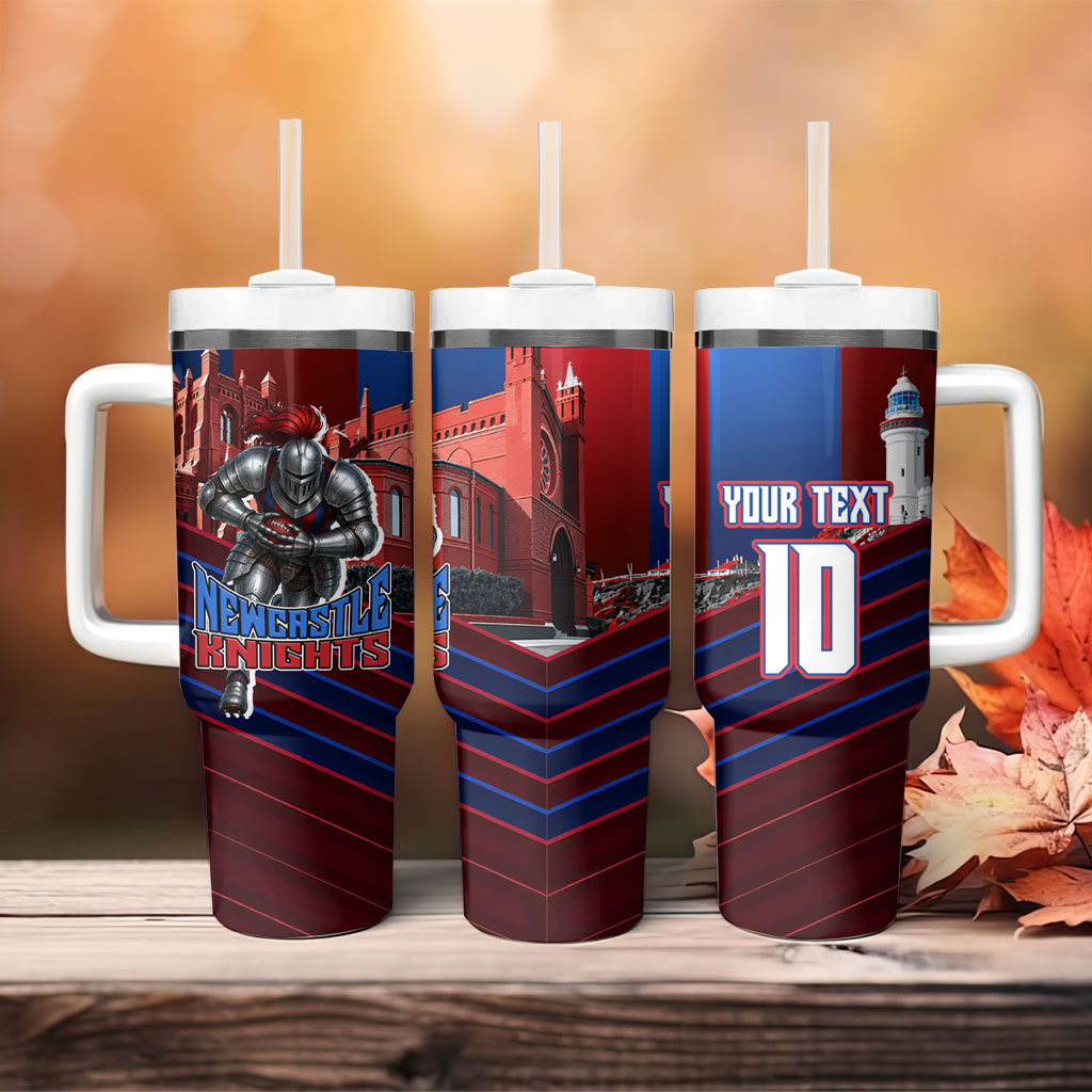 Personalised Newcastle Knights Rugby Tumbler With Handle Armored Knight Mascot City Landmark Graphic