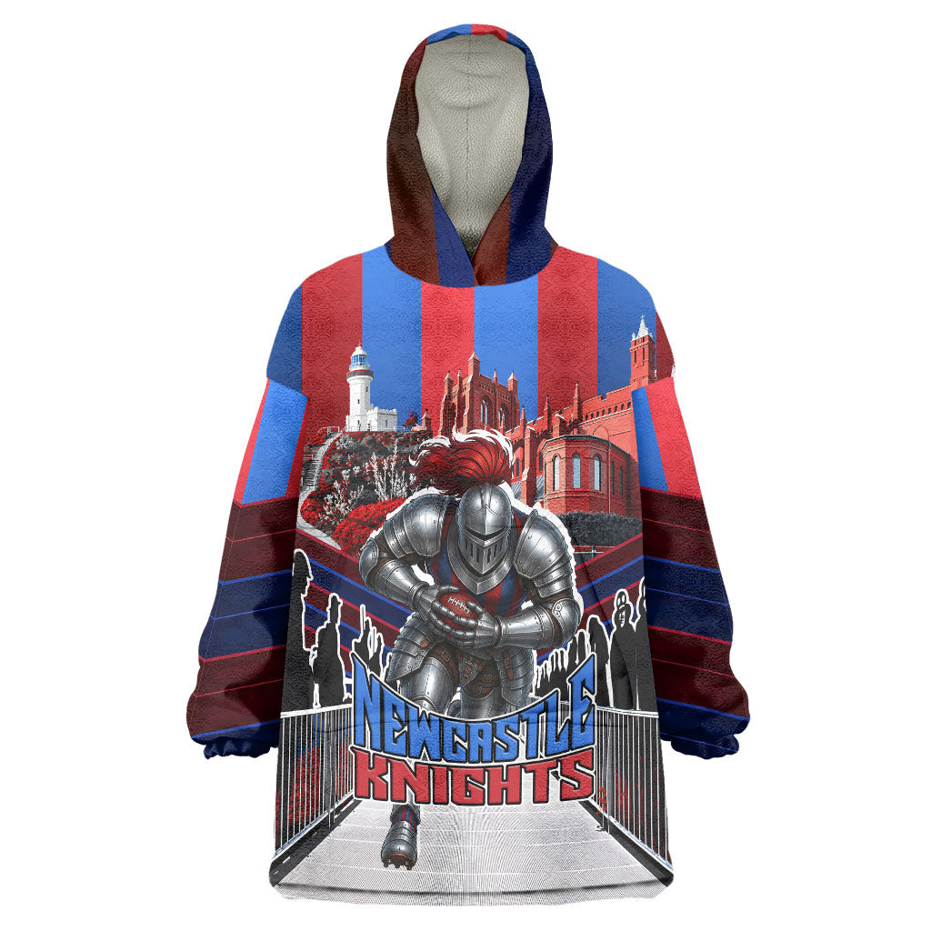 Personalised Newcastle Knights Rugby Wearable Blanket Hoodie Armored Knight Mascot City Landmark Graphic