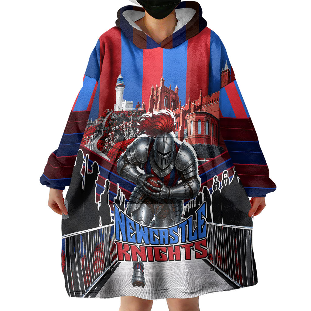 Personalised Newcastle Knights Rugby Wearable Blanket Hoodie Armored Knight Mascot City Landmark Graphic