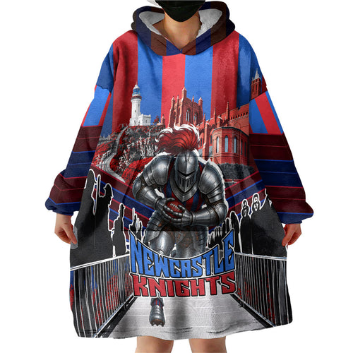Personalised Newcastle Knights Rugby Wearable Blanket Hoodie Armored Knight Mascot City Landmark Graphic
