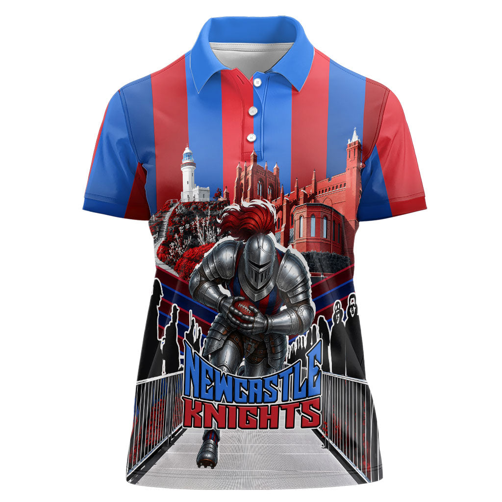 Personalised Newcastle Knights Rugby Women Polo Shirt Armored Knight Mascot City Landmark Graphic