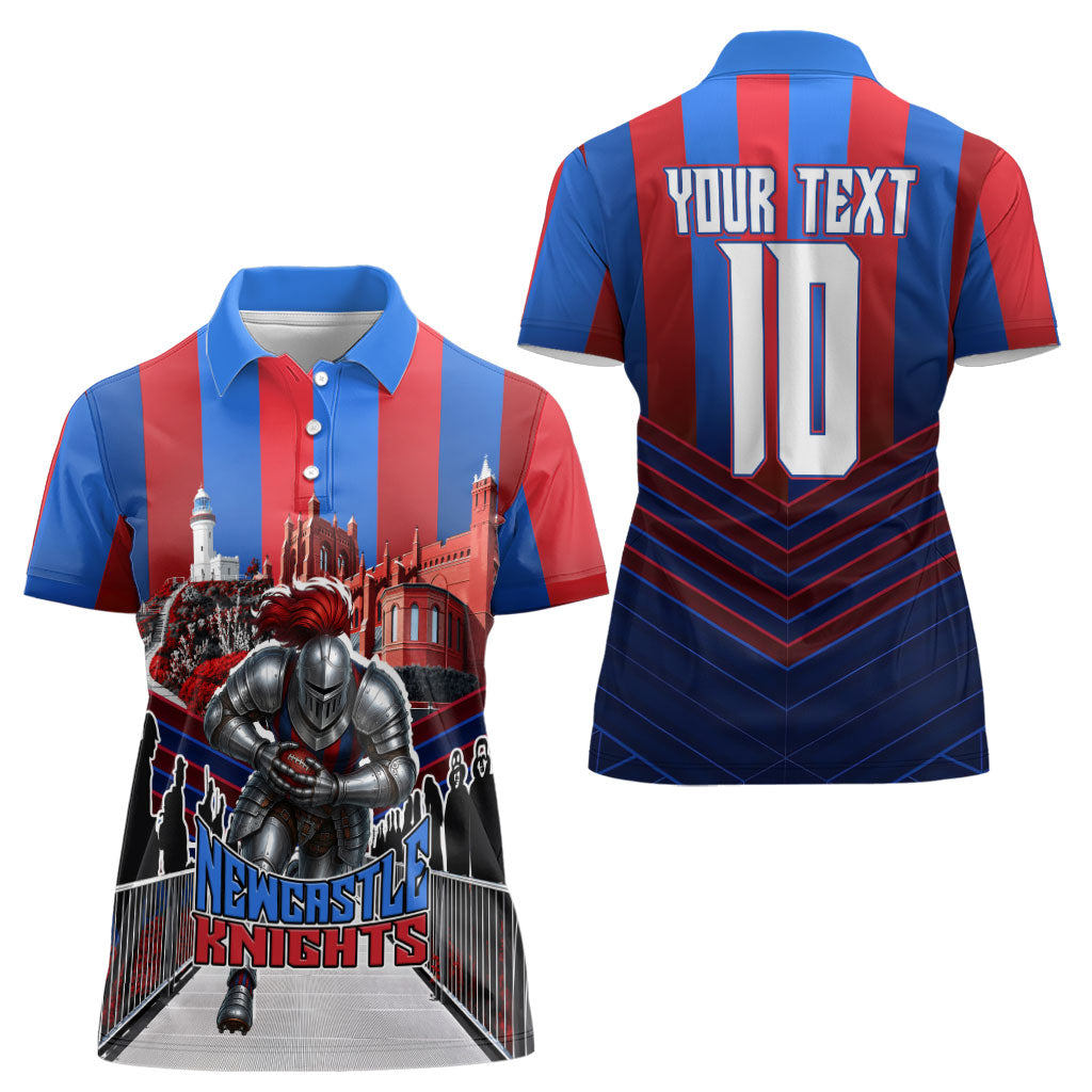Personalised Newcastle Knights Rugby Women Polo Shirt Armored Knight Mascot City Landmark Graphic