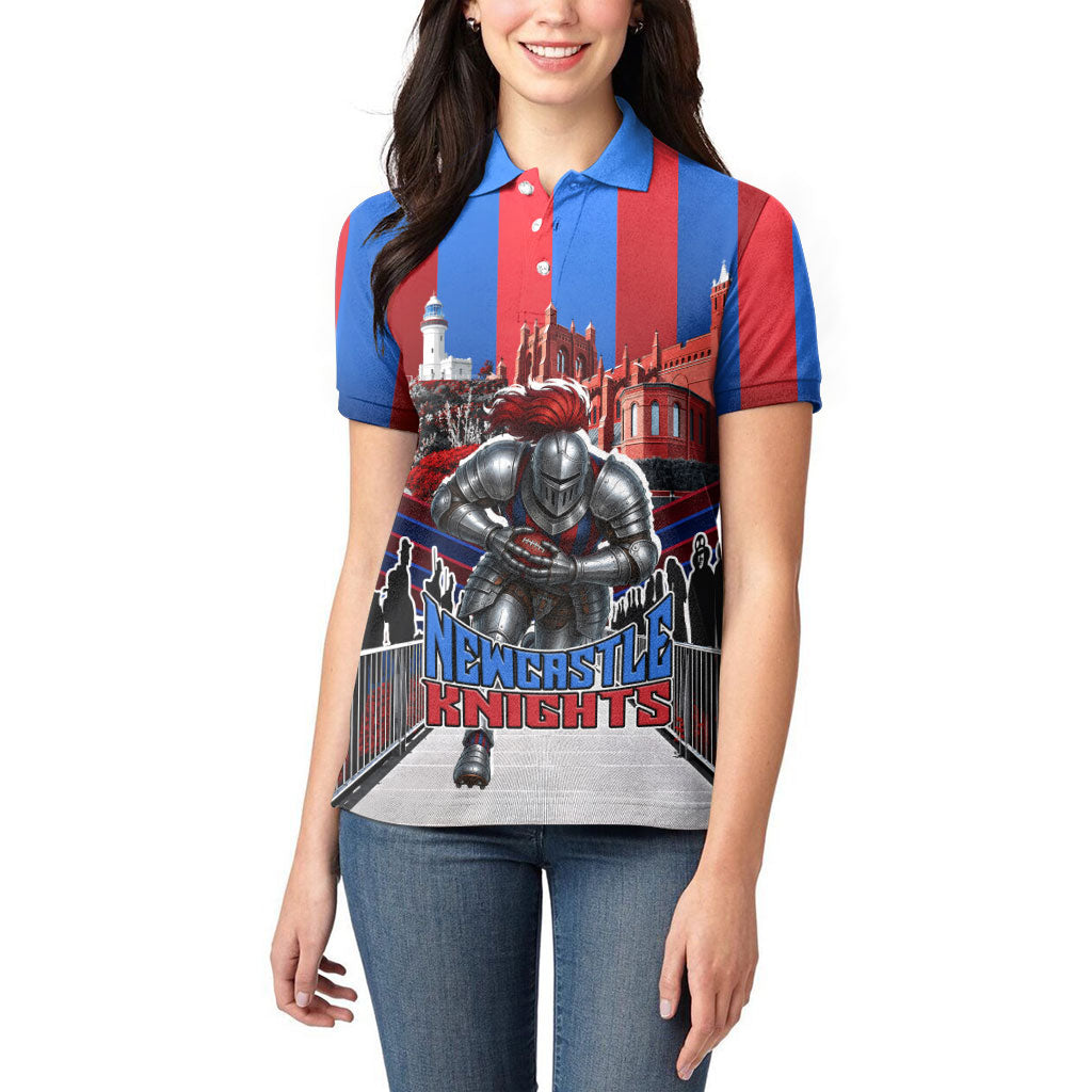 Personalised Newcastle Knights Rugby Women Polo Shirt Armored Knight Mascot City Landmark Graphic